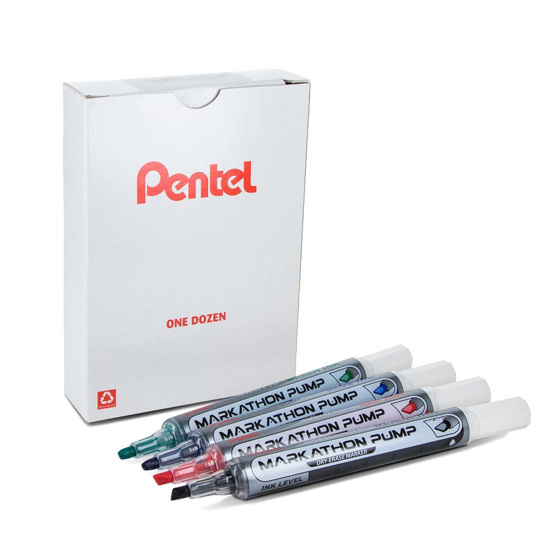 Pentel Markathon Pump Dry Erase Marker, Chisel Tip, Assorted Ink, 12 Pack (MWL6SX-12M) - Image 1